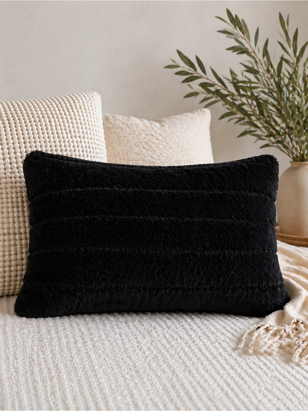 Adrienne Landau Black Faux Fur Lumbar Pillow Plush Luxe Home Decor